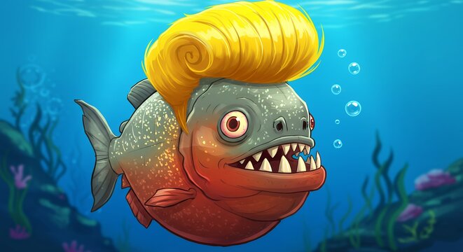Cartoon piranha with hairstyle underwater scene
