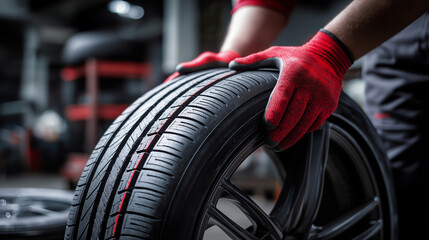 A mechanic wearing red gloves grips a fresh tire, ready for installation. Ideal for automotive service, tire replacement, and car maintenance themes in workshop or garage settings