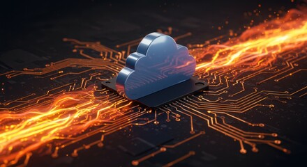 Cloud icon on a circuit board with orange glowing energy streams.