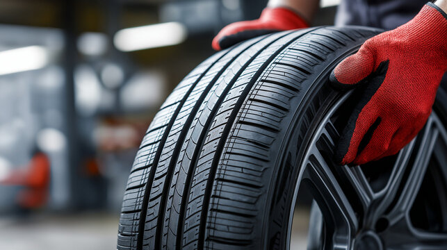 A mechanic wearing red gloves grips a fresh tire, ready for installation. Ideal for automotive service, tire replacement, and car maintenance themes in workshop or garage settings