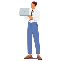 Handsome businessman cartoon character posing with laptop computer isolated on white background