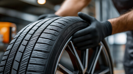 A mechanic wearing black gloves grips a fresh tire, ready for installation. Ideal for automotive service, tire replacement, and car maintenance themes in workshop or garage settings