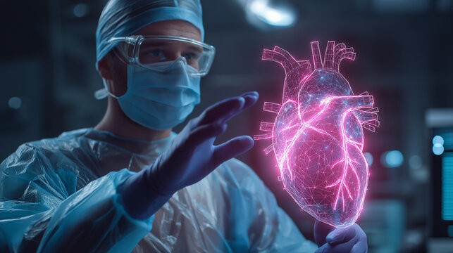 Male doctor using a pink holographic heart projection, futuristic medical technology glowing vividly against a dark blue background.

