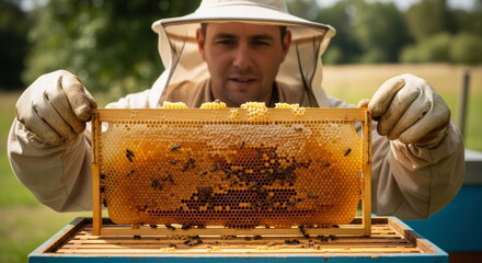 Beekeeper holding honeycomb frame full of bees and honey outdoors