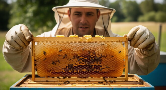 Beekeeper holding honeycomb frame full of bees and honey outdoors
