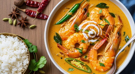 Bowl of shrimp curry with rice and spices on wooden table