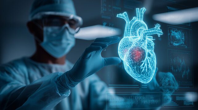 Male doctor using a blue holographic heart projection, futuristic medical technology glowing vividly against a dark gray  background.
