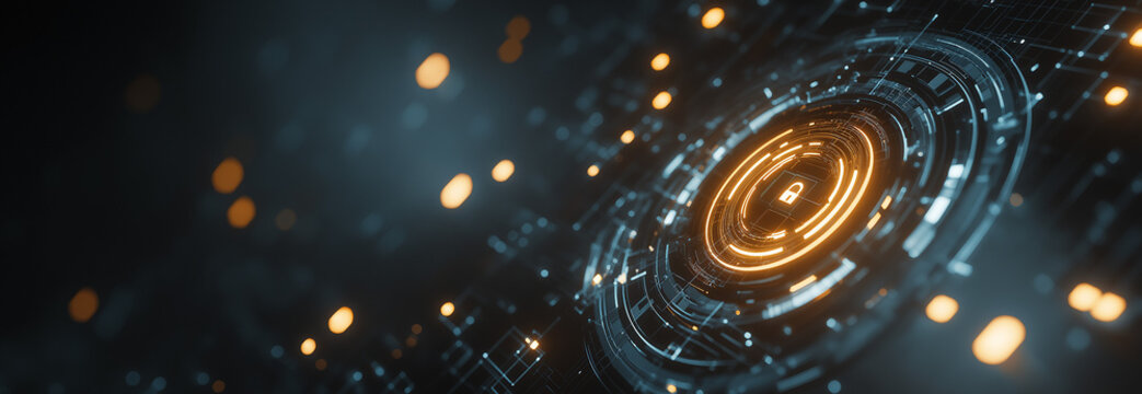 A LinkedIn banner featuring a sleek digital security theme with brown glowing locks, data networks, and futuristic business technology background.