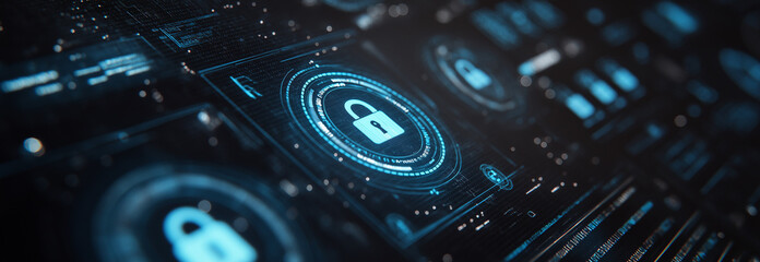 A LinkedIn banner featuring a sleek digital security theme with blue glowing locks, data networks, and futuristic business technology background.
