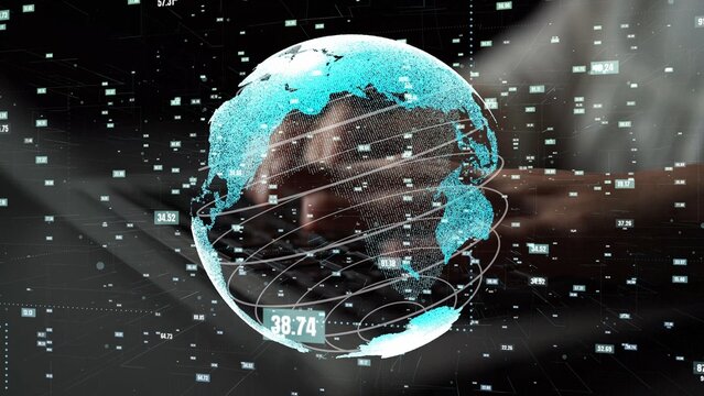 This image depicts a digital globe with data overlays, illustrating concepts of global connectivity, data exchange, and advanced technology in a modern environment. Xenic