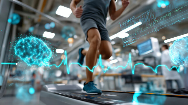 Athlete jogging on a treadmill in a sleek medical lab, wired with sensors for health tracking, treadmill exercise test, athlete health monitoring, advanced fitness lab, sports scie