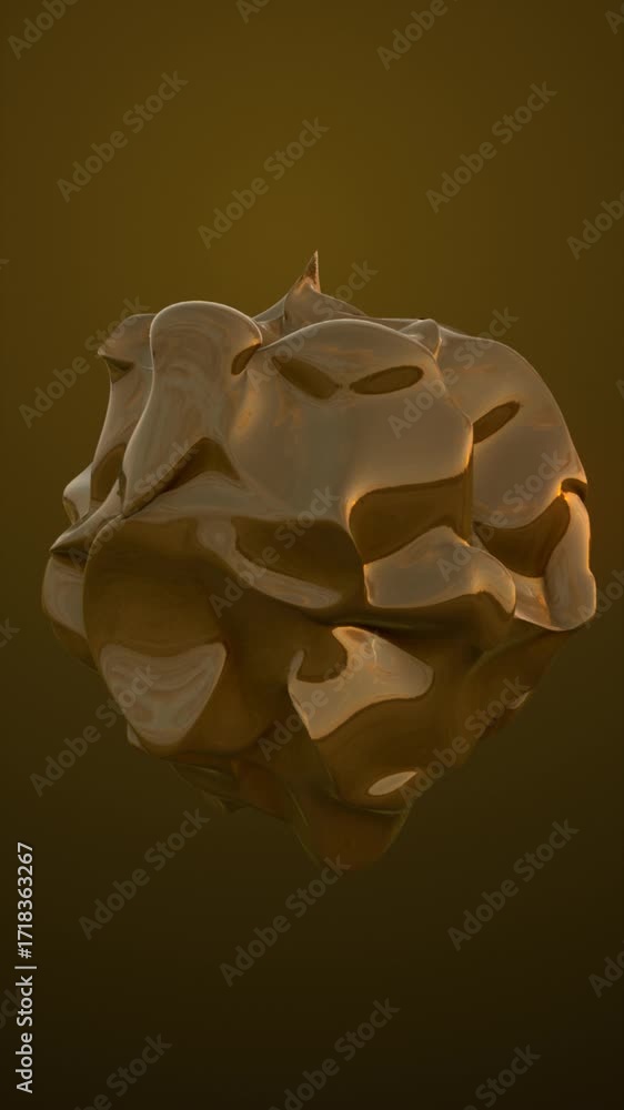 Poster shiny abstract bronze 3d object with organic irregular surface on dark background