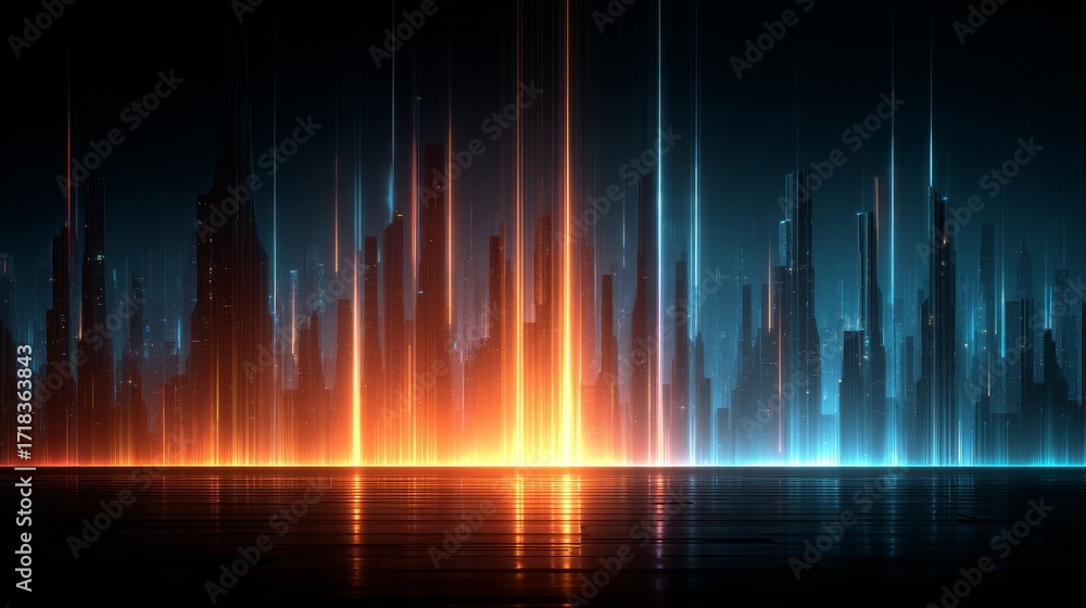 Aufkleber the atmosphere is dominated by a futuristic digital walkway where bright blue and orange streams of 
