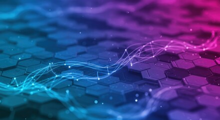 Abstract hexagonal pattern with network connections in blue purple and pink gradient.