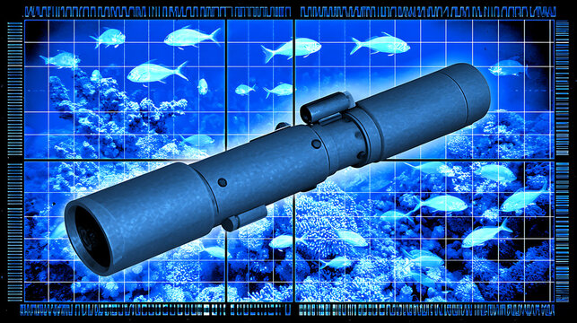 A telescope lens displayed over a digital underwater scene with fish and coral, framed by a grid interface.