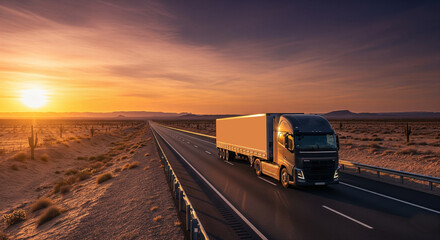 A modern semi-truck is driving on a long, straight highway through a vast desert landscape at a beautiful sunset, symbolizing long-distance road logistics
