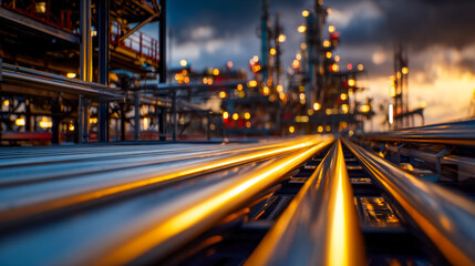 Fototapeta premium Industrial pipes and structures at an oil extraction site during sunset