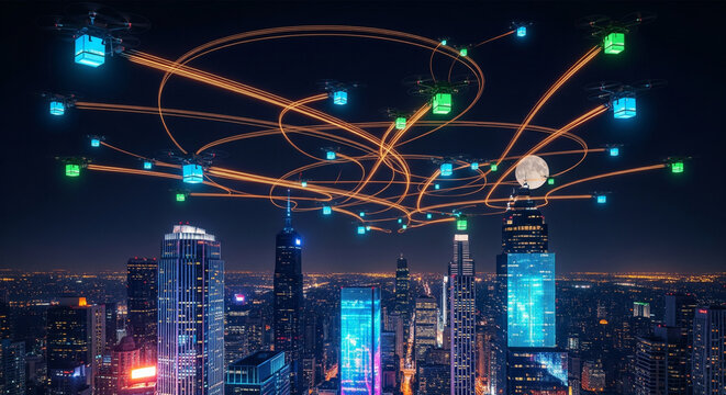 Delivery drones are flying over a nighttime urban skyline, creating a glowing network of flight paths while carrying illuminated parcels, symbolizing innovative last-mile logistics