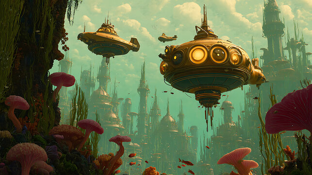 Fantasy underwater city with floating mechanical vessels and bioluminescent mushrooms
