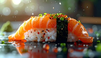 Close-up salmon nigiri sushi with splashes