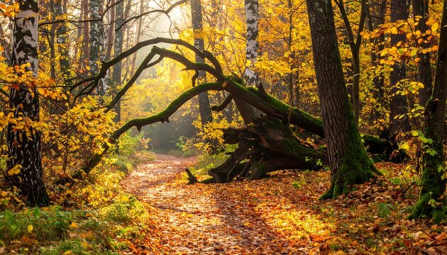 Autumn forest path bathed in golden light