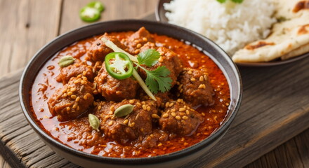 A bowl of spicy meatballs in a red sauce with green garnish, served with white rice and naan bread on a wooden table.