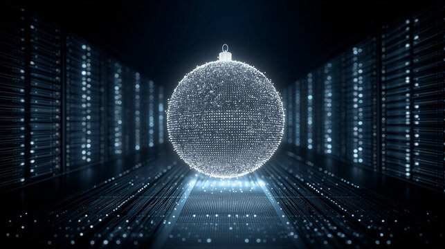 Merry Christmas and New Year background in composition with a shiny silver ball  on a dark festive backdrop.