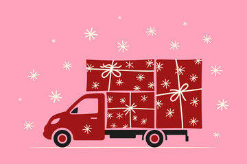 A van with gift boxes. Colored silhouette. Side view. Vector simple flat graphic illustration, hand drawn. Isolated object on a pink background.