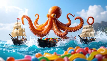 Giant Octopus Attacking Toy Ships in Ocean with Candy.