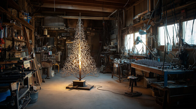 A metal artist and welder crafting a holiday tree from welded metal pieces, combining industrial skill with festive creativity and artistic design.
