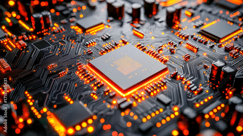 Poster close-up of a modern electronic circuit board with illuminated components and microchips