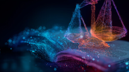 A futuristic hologram of legal documents being scanned, symbolizing digital law, data security, and advanced document management technology.