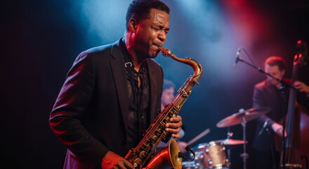 Naklejka premium A saxophonist performs on stage, with a blurred background and stage lights illuminating the scene.