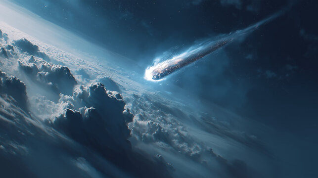 A bright meteor streaking across a dark night sky, leaving a glowing trail against a backdrop of twinkling stars.
