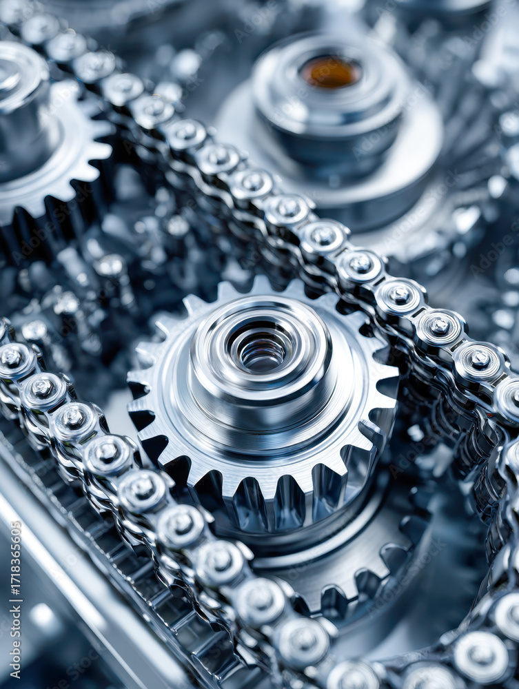 Poster close-up view of shiny metal sprockets and roller chains interlocked in precision mechanical enginee