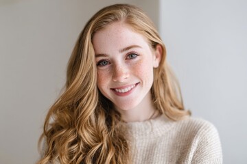 Fototapeta premium Bright smiling young woman with long wavy blonde hair wearing cozy sweater indoors.