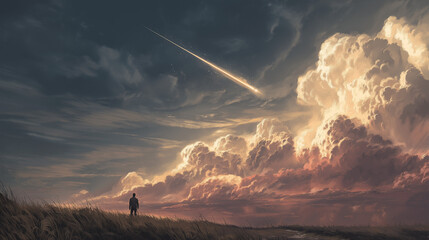 A bright meteor streaking across a dark night sky, leaving a glowing trail against a backdrop of twinkling stars.

