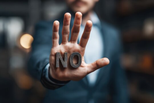 A Businessman Firmly Displays a 'No' Gesture, Signifying Boundaries and Assertiveness in Professional Contexts, Encouraging Respect and Clarity in Communication