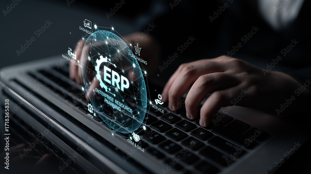 Poster erp platform visual showing centralized system for enterprise resource planning, improving integrati