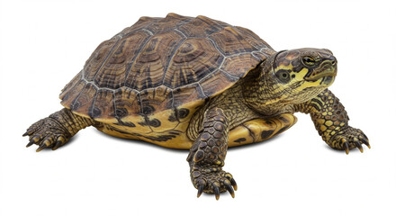 Obraz premium Striped Asian Box Turtle Close-Up: High-Resolution Image of a Reptile with Detailed Shell Texture and Claws, Ideal for Nature Documentaries, Wildlife Photography, and Scientific Publications. The ...