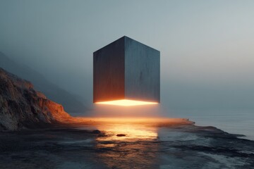 Floating stone monolith illuminating a rugged coastal landscape at twilight, creating an enigmatic vista