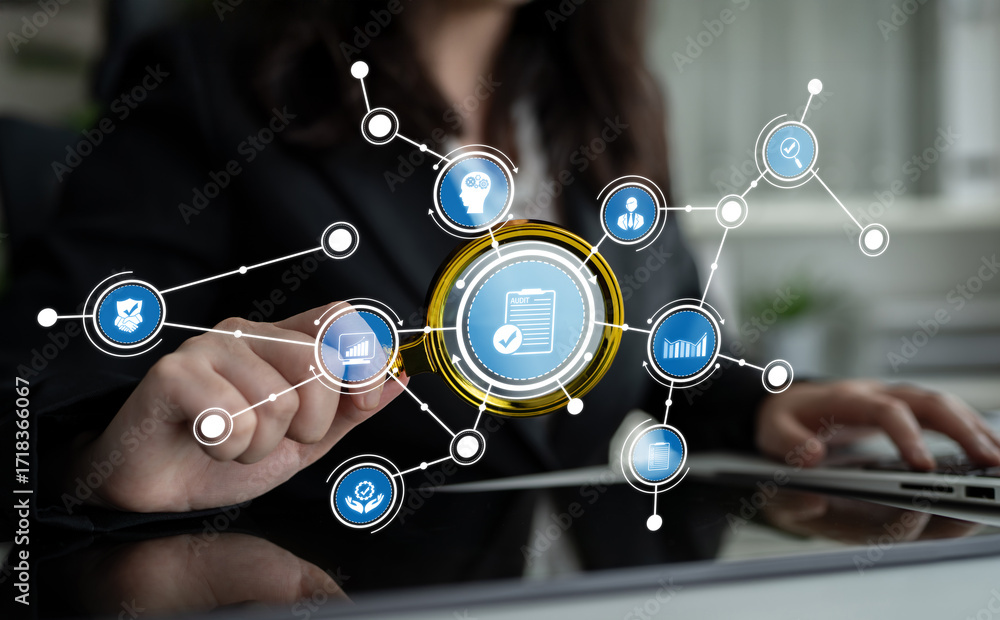 Poster A businesswoman interacts with a digital interface, using innovative technology to visualize data analytics and foster connectivity in a modern office environment. Crux