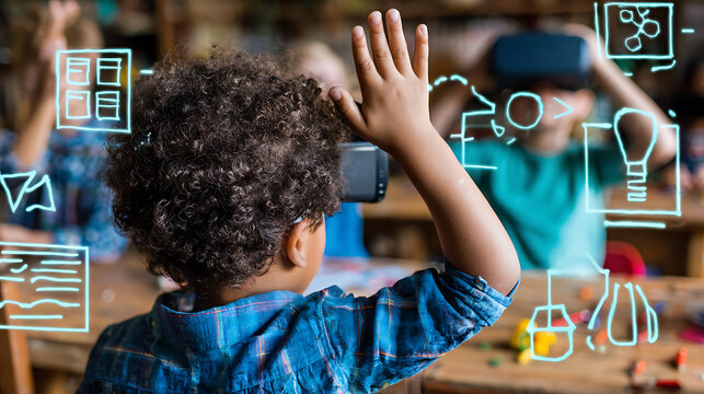 Child wearing virtual reality headset in classroom with educational graphics overlay
