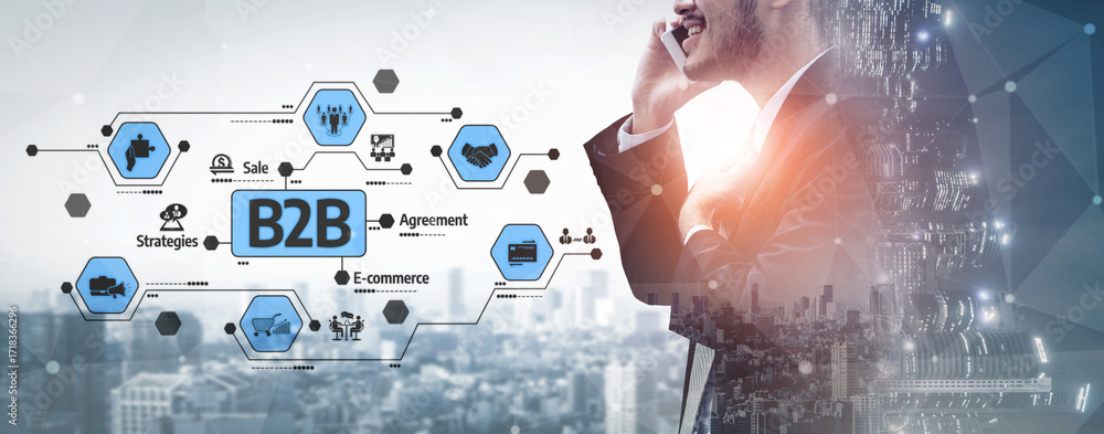 Poster a dynamic businessman on a phone with b2b concepts highlighted, symbolizing modern strategies and ag