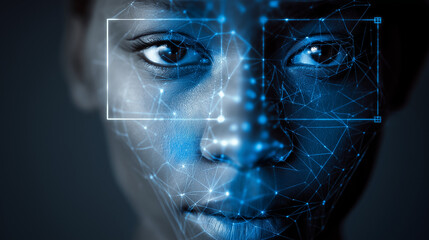A futuristic face scan using AI recognition with blue light scanning facial features, symbolizing security, identity, and smart technology.