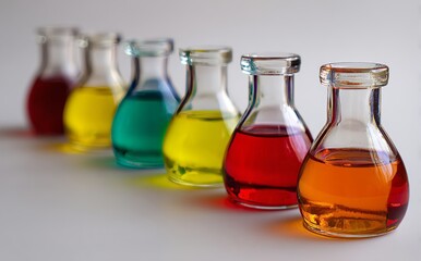Colorful test tubes containing vibrant liquids are positioned in a lab setting to create a visually appealing scientific scene characterized by bright colors and clear glass tubes