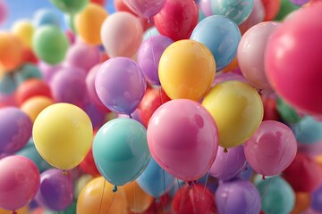 A vibrant and colorful array of helium balloons floating in the air creating a festive atmosphere