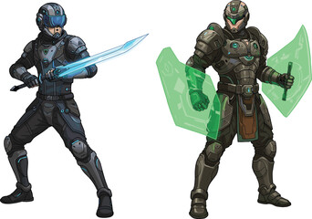 Futuristic sword fighter, energy shield tank, sci-fi battle armor, digital combat duo, gaming concept art, high-tech warriors, action illustration