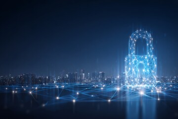 A glowing lock icon connected to city buildings embodies the digital security concept, highlighting the protection and secure flow of data in urban network systems