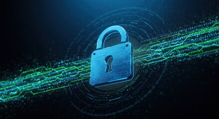 Blue padlock icon with digital effect on dark background security concept.